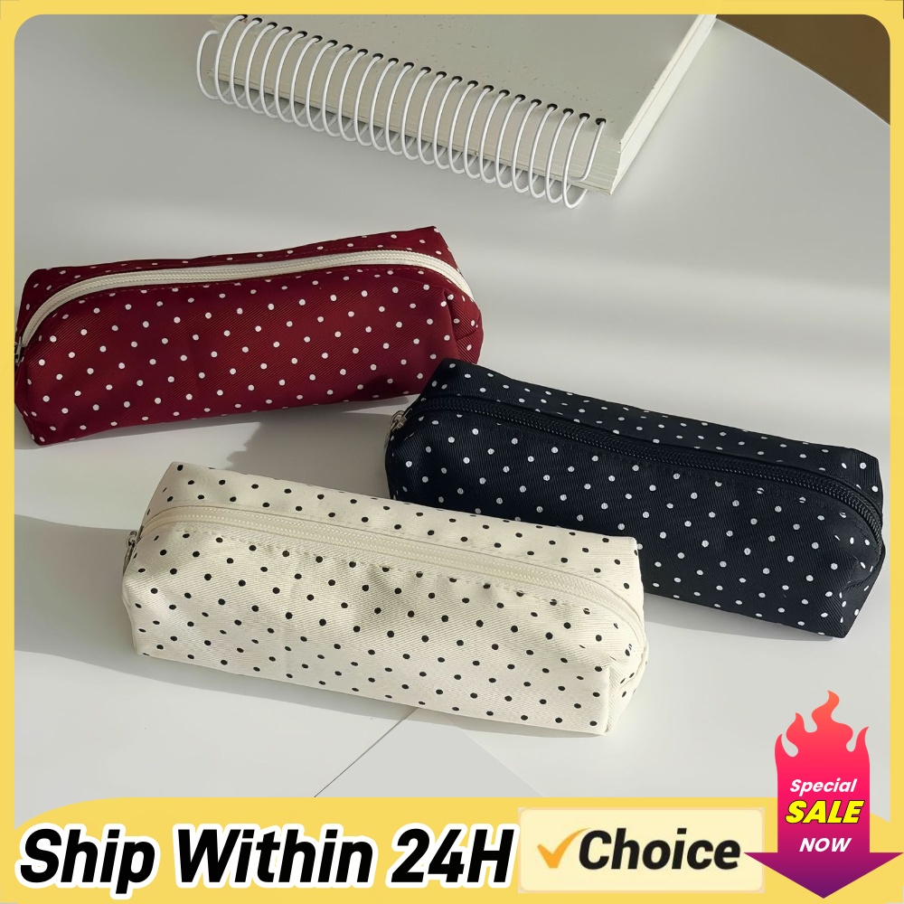 Aesthetic Large Pencil Case Pouch - กระเป๋าดินสอลายจุดน่ารัก กระเป๋าใส่ดินสอสไตล์ Y2K ความจุขนาดใหญ่ กระเป๋าใส่ดินสอวินเทจ กระเป๋าเครื่องสำอาง