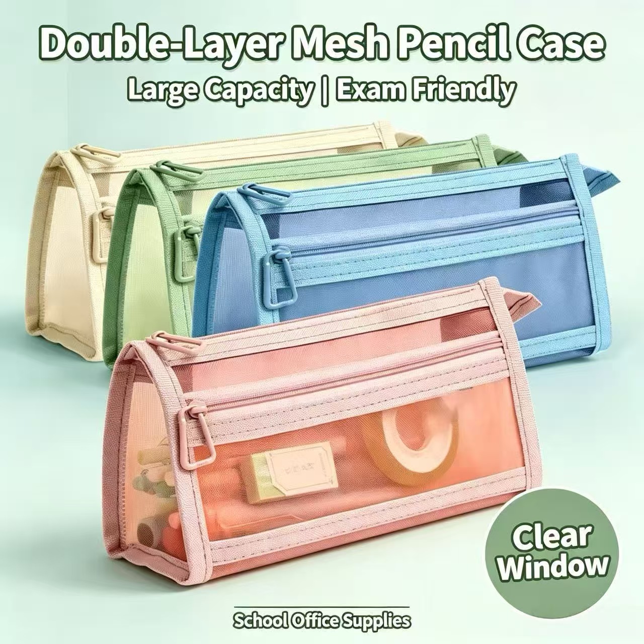 Clear Mesh Pencil Pouch For Exam - กระเป๋าใส่ดินสอตาข่ายสองชั้นแบบใส ความจุขนาดใหญ่ กระเป๋าใส่ปากกาโปร่งใส ดีไซน์เรียบง่ายสำหรับสอบ อุปกรณ์เครื่องเขียนที่สวยงามสำหรับนักเรียน