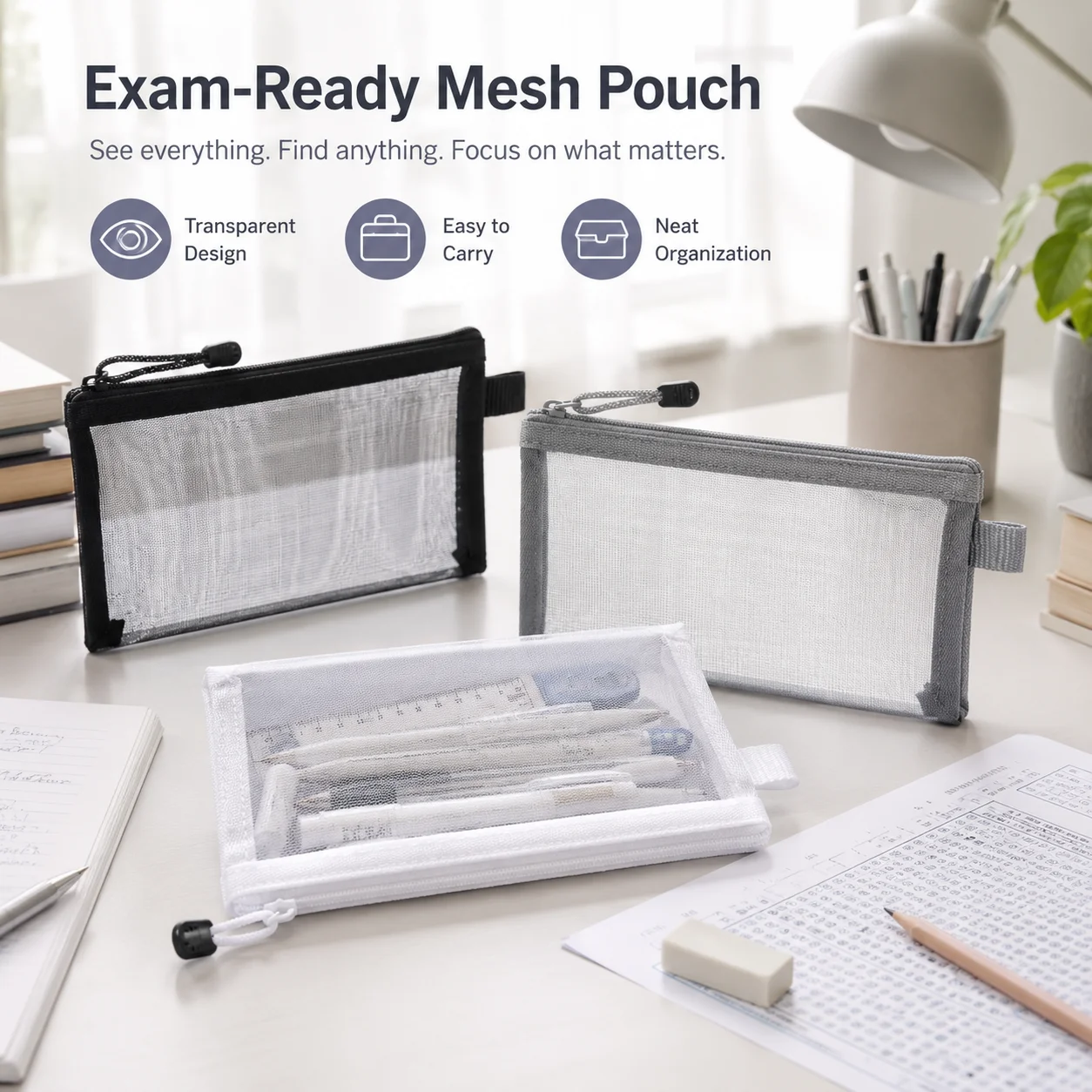Clear Mesh Pencil Pouch For Exam - กระเป๋าใส่ปากกาตาข่ายใส, กล่องใส่ดินสอใสสำหรับใช้สอบ, กระเป๋าใส่อุปกรณ์เครื่องเขียนแบบมีซิปสำหรับอุปกรณ์สำนักงานโรงเรียน