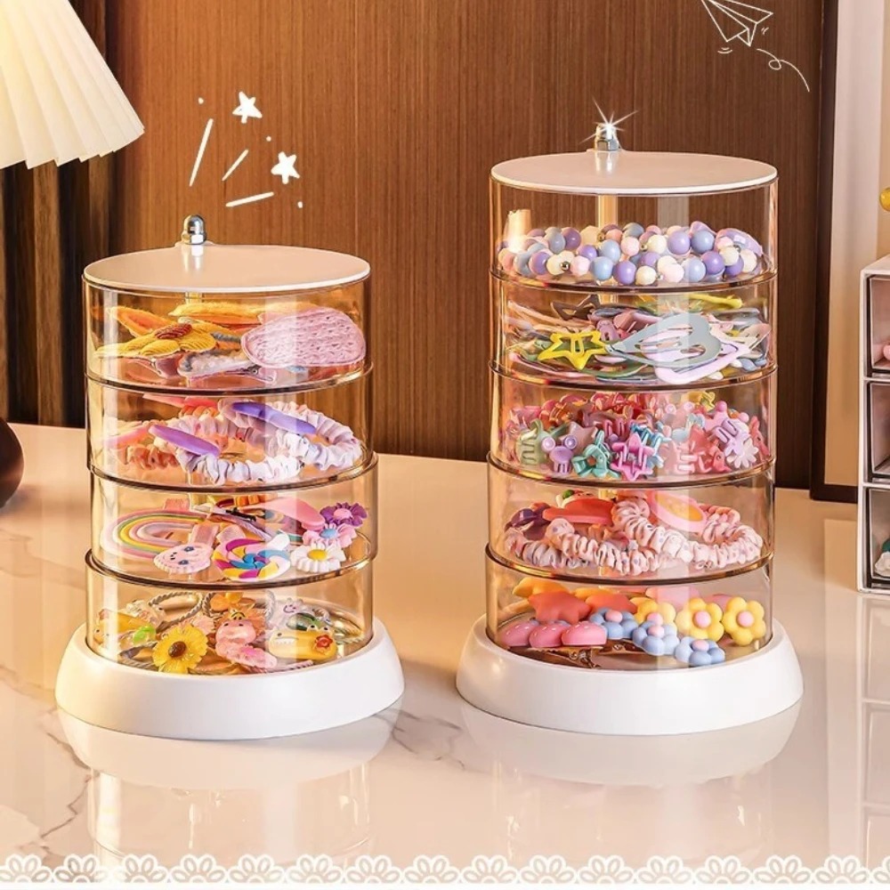 Desk Accessories - กล่องเก็บอุปกรณ์เสริมผมแบบหมุนได้ 360 องศา กล่องเก็บของพลาสติกขนาดกะทัดรัด กล่องโชว์หลายชั้นสำหรับวางบนโต๊ะสำหรับเด็กผู้หญิง ใส่เครื่องประดับ