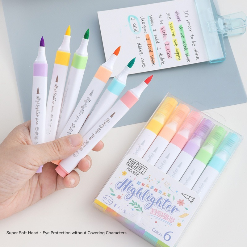 Pastel Highlighter Set Double Ended - ชุดปากกาไฮไลท์สีพาสเทล6สีแปรงเรืองแสงปากกาเน้นข้อความศิลปะปากกามาร์กเกอร์น่ารักสไตล์ญี่ปุ่น