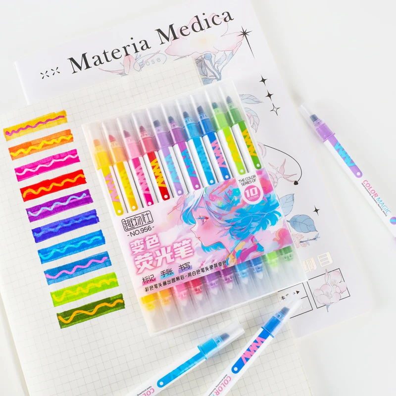 Pastel Highlighter Set Double Ended - 10pcs Double-ended Magic เปลี่ยนสีปากกาเน้นข้อความชุดนักเรียนไดอารี่สมุดภาพภาพวาด DIY, สํานักงานเครื่องเขียนน่ารัก