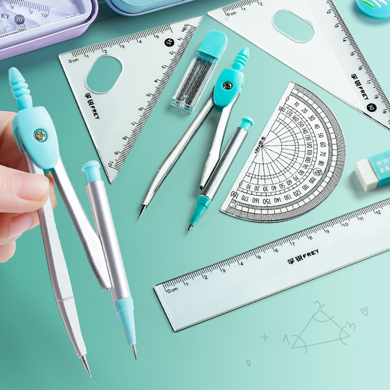Math Geometry Set With Compass - 7PCS สแตนเลสสตีลชุดเข็มทิศคณิตศาสตร์เรขาคณิตเครื่องมือยางลบไม้บรรทัดนักเรียนช่างไม้ร่างวาดอุปกรณ์โรงเรียน