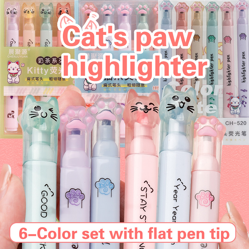 Pastel Highlighter Set Double Ended - 6 ชิ้น/แพ็ค Kawaii Cat Claw สีพาสเทล
