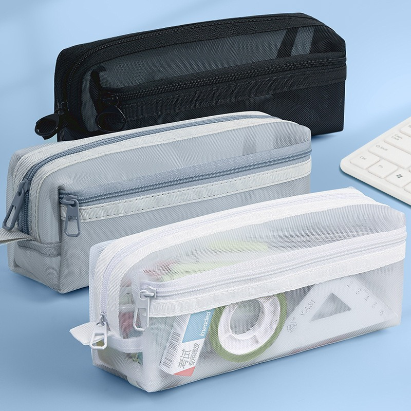 Clear Mesh Pencil Pouch For Exam - กระเป๋าใส่ดินสอแบบตาข่ายใสสองชั้น กระเป๋าเครื่องเขียนสำหรับสอบ ความจุขนาดใหญ่ กระเป๋าใส่ปากกาแบบใส พกพาสะดวก มีซิปสำหรับจัดเก็บ