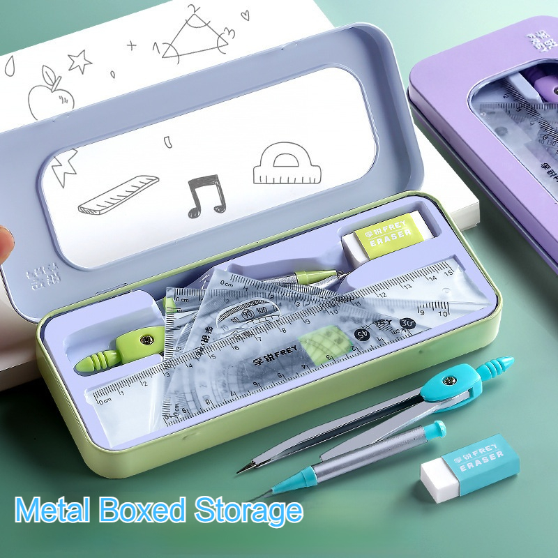 Math Geometry Set With Compass - 7 ชิ้นไม้บรรทัดคณิตศาสตร์ชุดนักเรียนเรขาคณิตเข็มทิศพร้อมกล่องโลหะการเรียนรู้คณิตศาสตร์อุปกรณ์วาดภาพ Back to School เครื่องเขียน