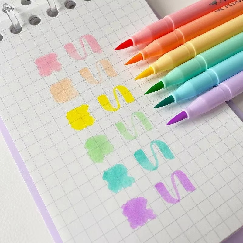 Pastel Highlighter Set Double Ended - ชุดปากกาฟลูออเรสเซนต์ 6 สี ปากกาพู่กันสีพาสเทล ชุดปากกาไฮไลท์สำหรับงานศิลปะ ปากกาสำหรับเขียนตัวอักษร