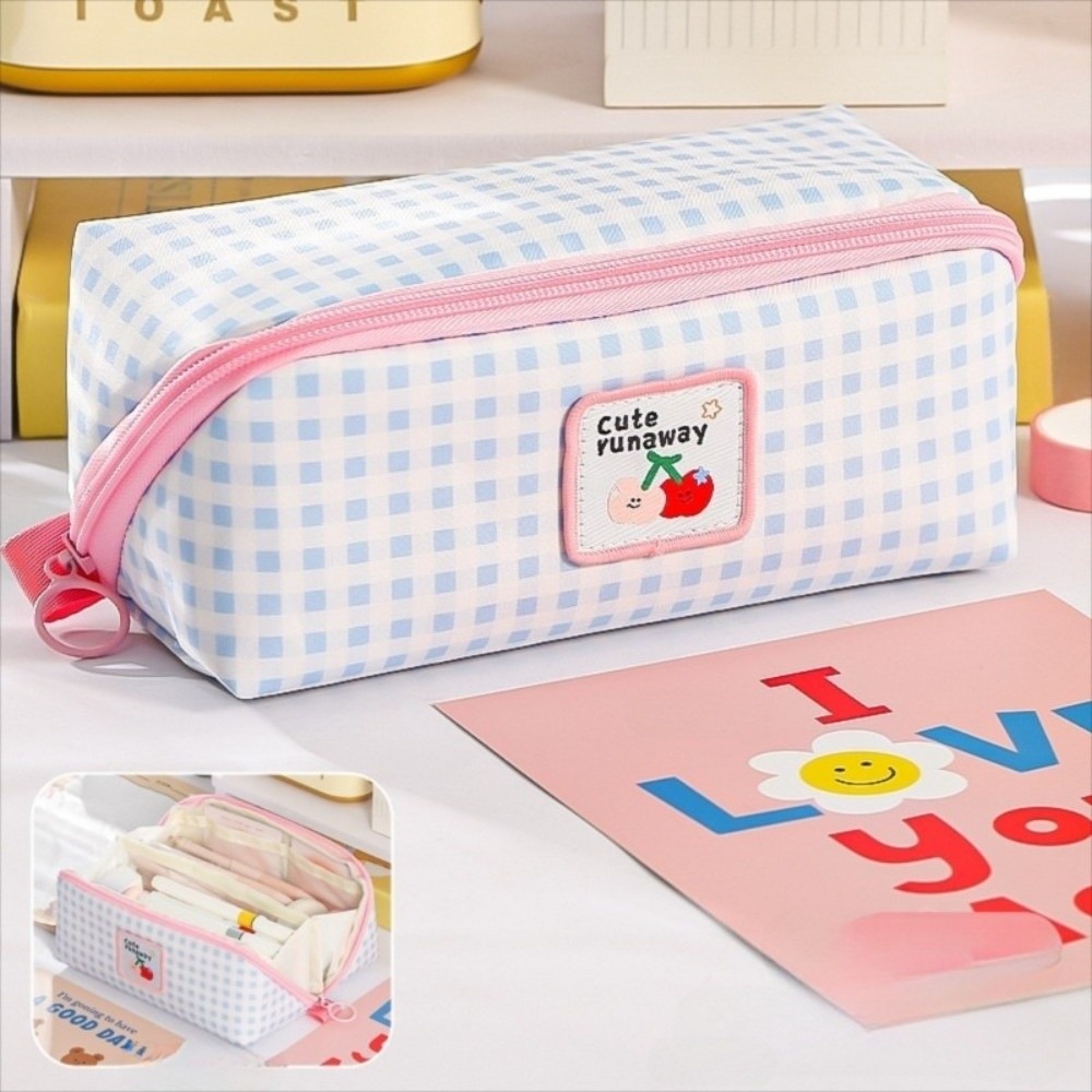 Aesthetic Large Pencil Case Pouch - กล่องดินสอทรงปริซึมสไตล์เกาหลี ความจุขนาดใหญ่ กระเป๋าใส่เครื่องเขียนลายตารางสวยงาม กล่องเก็บของบนโต๊ะทำงาน สไตล์ Ins