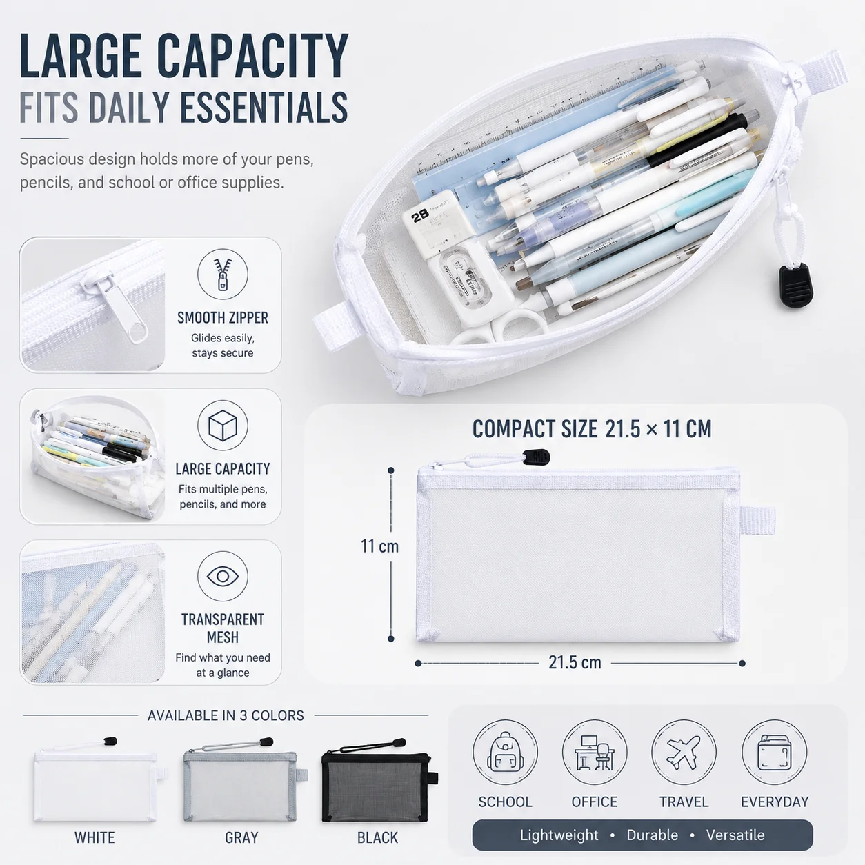 Clear Mesh Pencil Pouch For Exam - กระเป๋าใส่ปากกาตาข่ายใส, กล่องใส่ดินสอใสสำหรับใช้สอบ, กระเป๋าใส่อุปกรณ์เครื่องเขียนแบบมีซิปสำหรับอุปกรณ์สำนักงานโรงเรียน