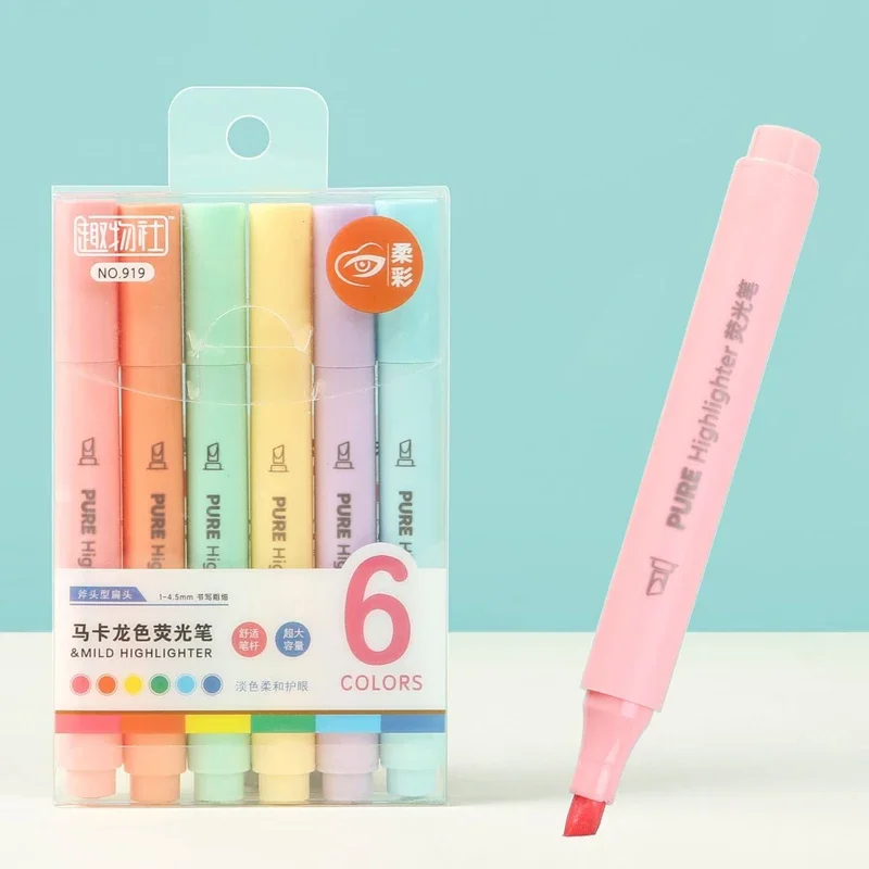 Pastel Highlighter Set Double Ended - ปากกาไฮไลท์เตอร์สีพาสเทลแบบมาการอง 6 ชิ้น/ชุด ปากกาเน้นข้อความ ปากกาฟลูออเรสเซนต์ ปากกาสำหรับวาดภาพ