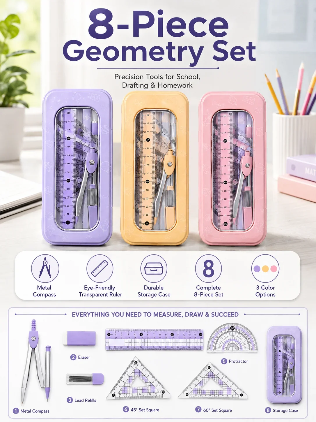 ชุดเครื่องมือเรขาคณิต 8 ชิ้นสำ - Math Geometry Set With Compass บทวิจารณ์และราคา