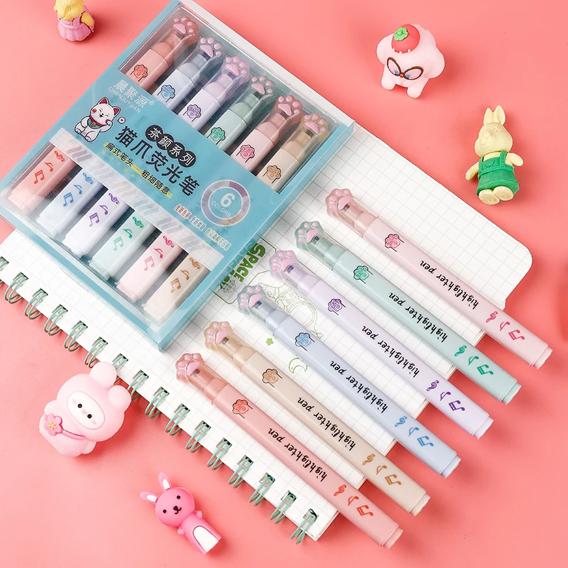 6 ชิ้น/แพ็ค Kawaii Cat Claw สี - Pastel Highlighter Set Double Ended บทวิจารณ์และราคา